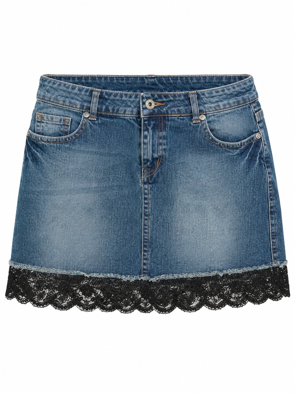 Denim Mini Skirt Lace Hem Y2K Stretch Jean Skirt Size 16 Deb Jeans